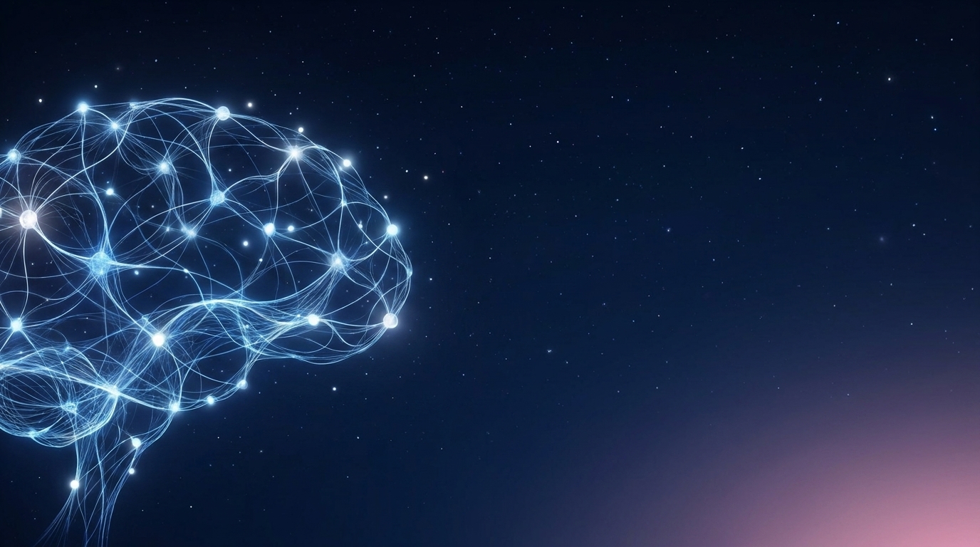 Illustration lumineuse d’un cerveau et de connexions neuronales dans un ciel bleu nuit.